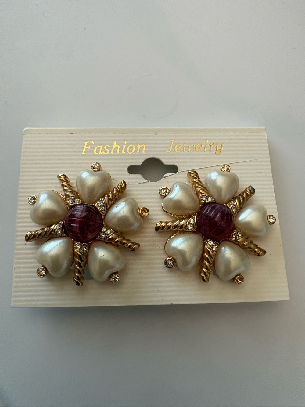 Blanca Deadstock 1980s Clip-On Earrings | Faux Pearl Hearts | Red Cabochon |